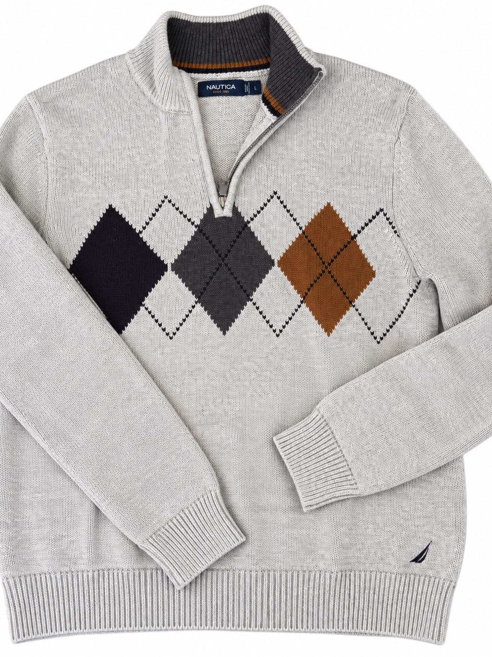 Nautica Light Gray Argyle Half-Zip Sweater with Navy, Charcoal & Brown Diamonds